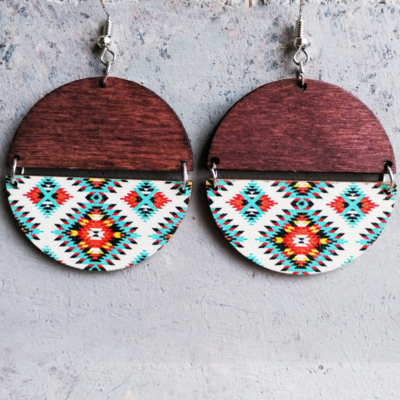 2 pares al por mayor/paquete boho patrón étnico pendientes de madera de mosaico circular